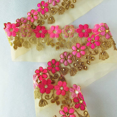 Gold Sheer Tissue Fabric Trim With Embroidered Pink & Gold Flowers, Embellished With Beads, Approx. 65 mm Wide - 210119L102